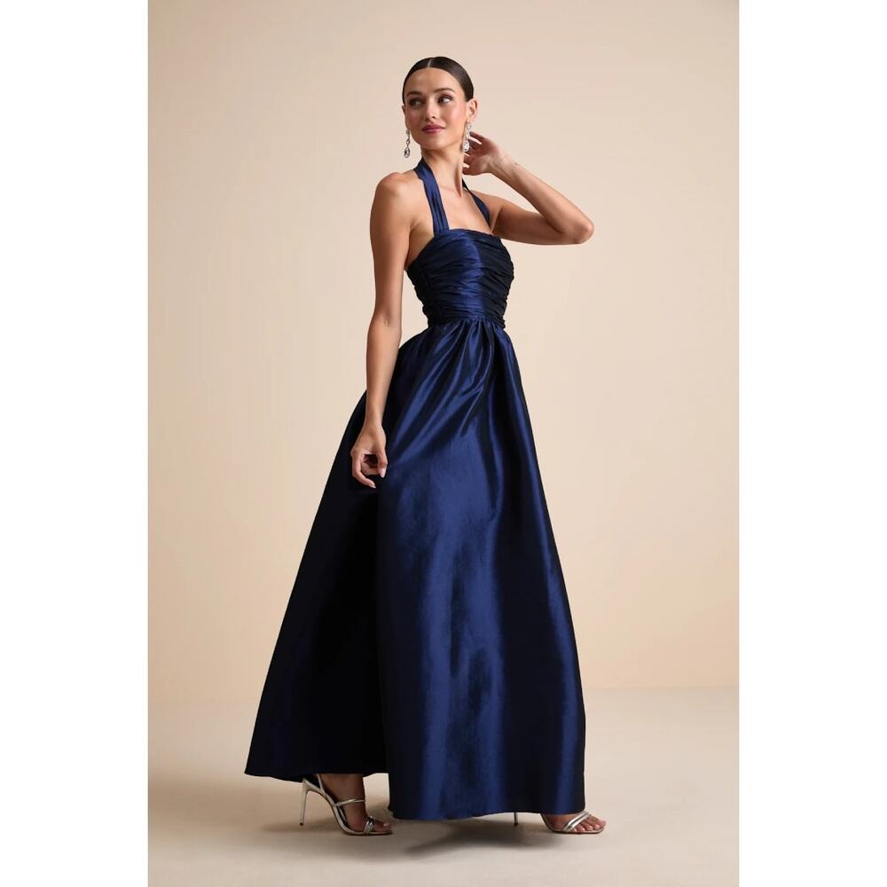 NWT Lulus Rani Navy Taffeta Halter Maxi Dress Gala Evening Party Holiday Size S